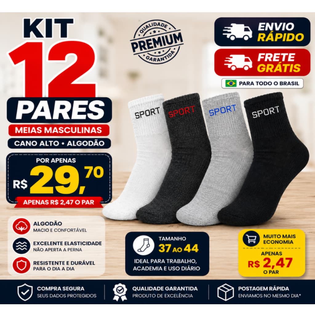 MEIAS Kit 12 Pares Meia Masculina Cano Alto Algodão Confortável Esportiva Academia Trabalho Casual Tamanho 37 ao 44