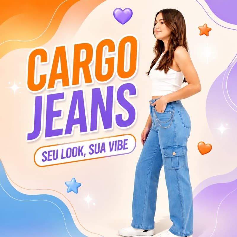 Calça Jeans  Feminina Cargo com bolso lateral Wide Leg