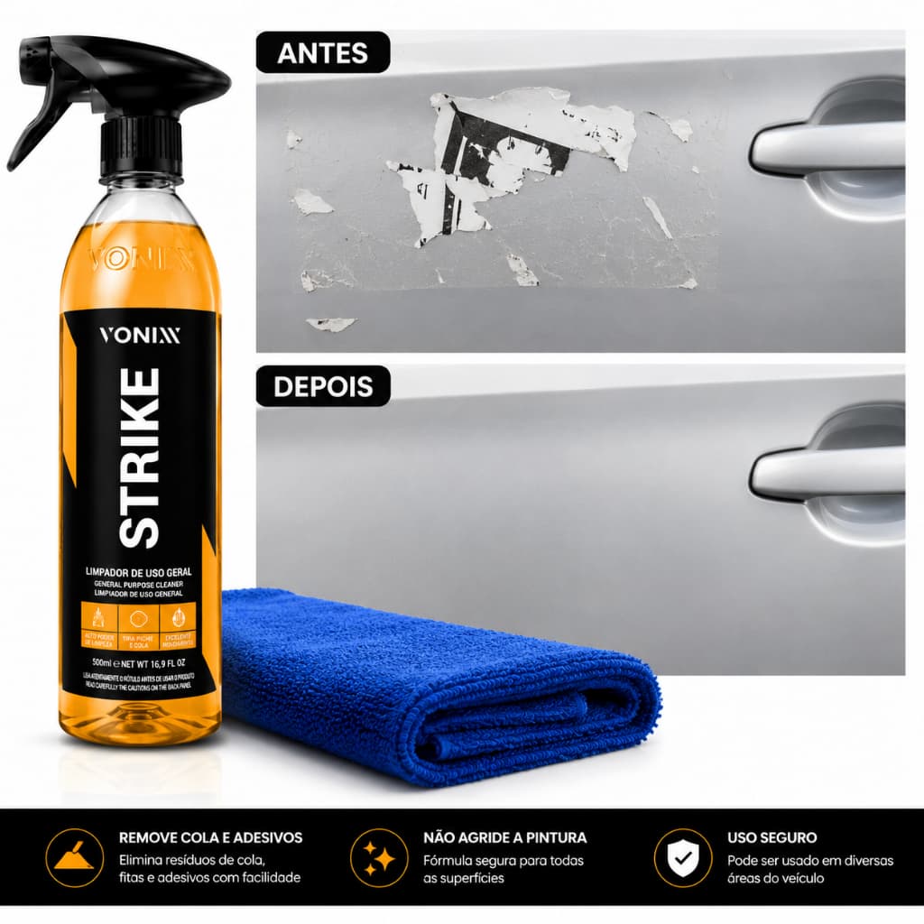 Strike 500ml Vonixx Remove Cola, Piche e Resíduos + Toalha Microfibra 40x40