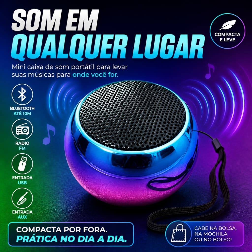 Mini Caixa de Som Bluetooth 3W Portátil com Rádio FM USB AUX Recarregável Cores Degradê