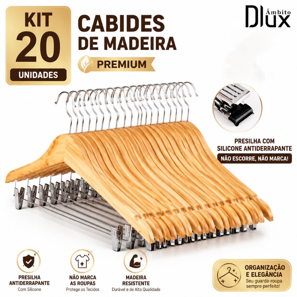 Ambito Dlux Kit 20 Cabides de Madeira Premium Com Presilha De Aço Antideslizante Organização Closet