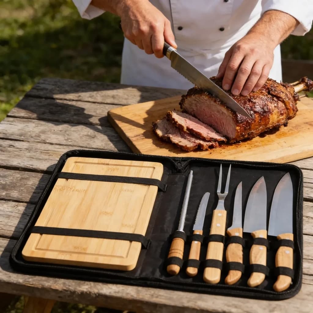 Kit 8 peças Churrasco Profissional Com Tábua De Bambu Madeira