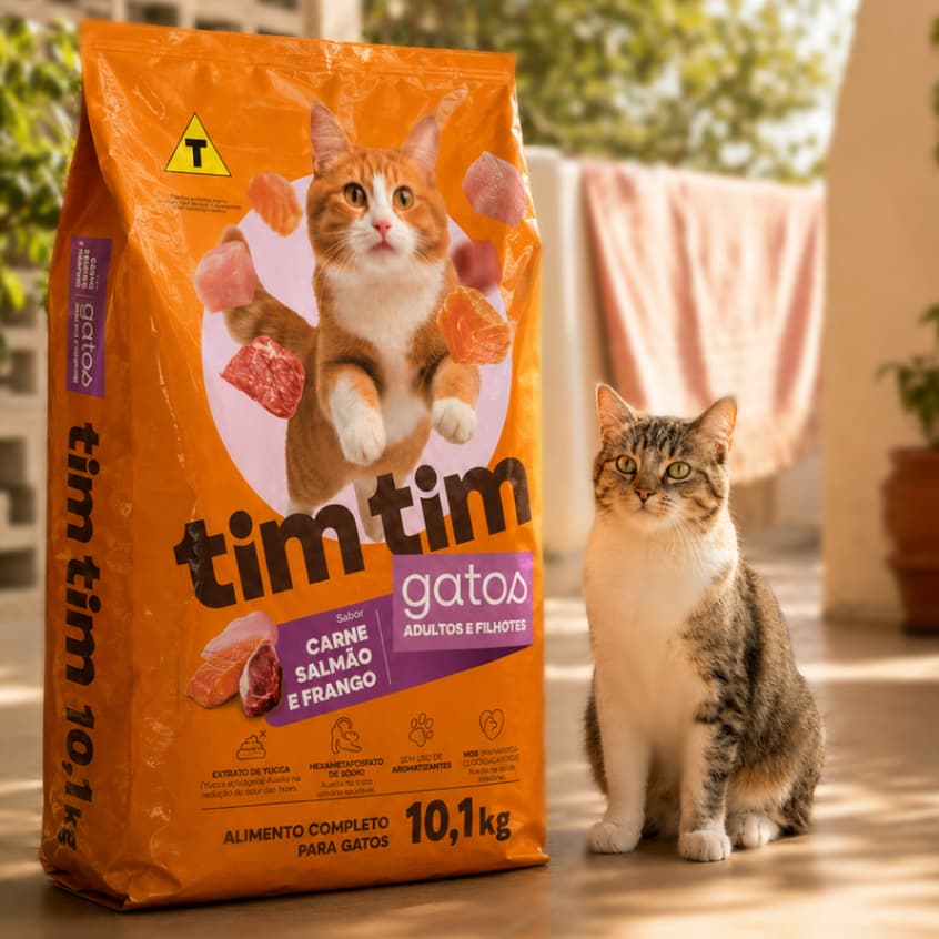 Ração Gato Filhote e Adulto 10kg Tim Tim Cat Sabor Salmão Frango Carne 27% Proteína