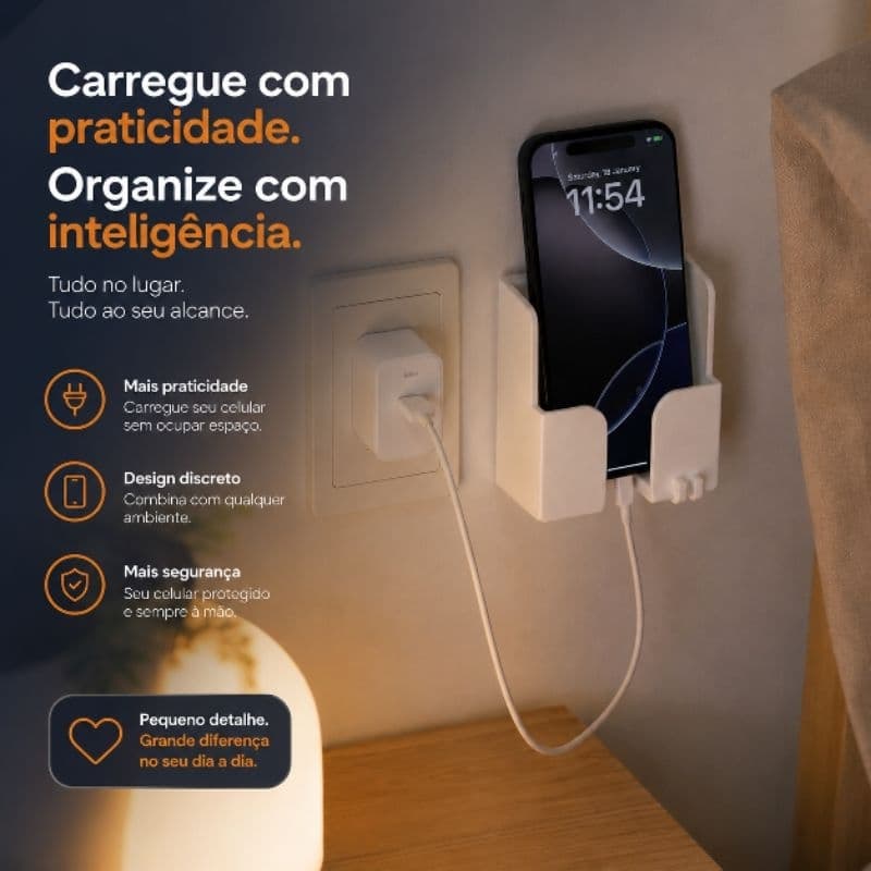 Suporte de Parede para Celular com Passagem para Cabo | Organizador de Carregamento Suporte para Celular Porta Celular