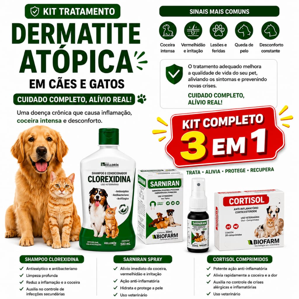 Kit Shampoo Clorexidina 5 em 1 - 500ml - Kelldrin + Cortisol 10 Comprimidos + Sarniran 30ml