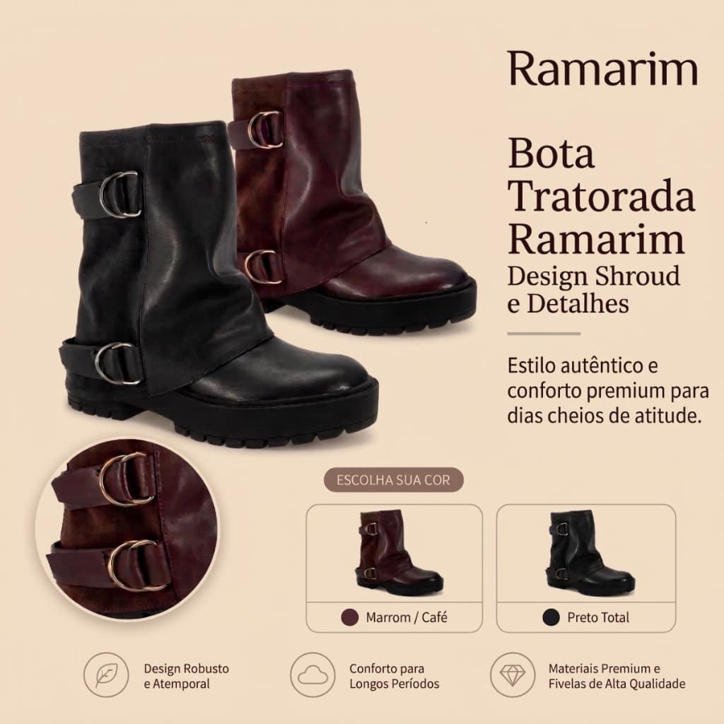 Bota Feminina Ramarim Coturno Salto Baixo Tratorado Cano Curto Confortável Original
