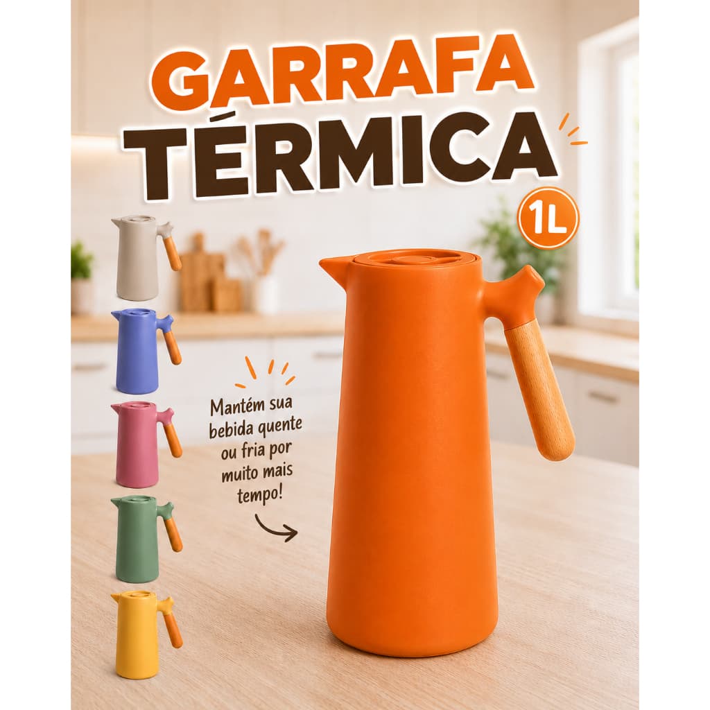 Garrafa Térmica 1L com Cabo Ergonômico de Madeira para Café Chá e Bebidas