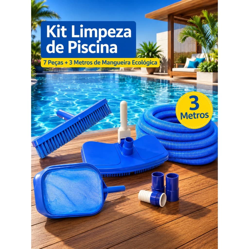 Kit Limpeza Completo para Piscina com Mangueira 3 Metros | Peneira + Escova + Aspirador + Adaptador