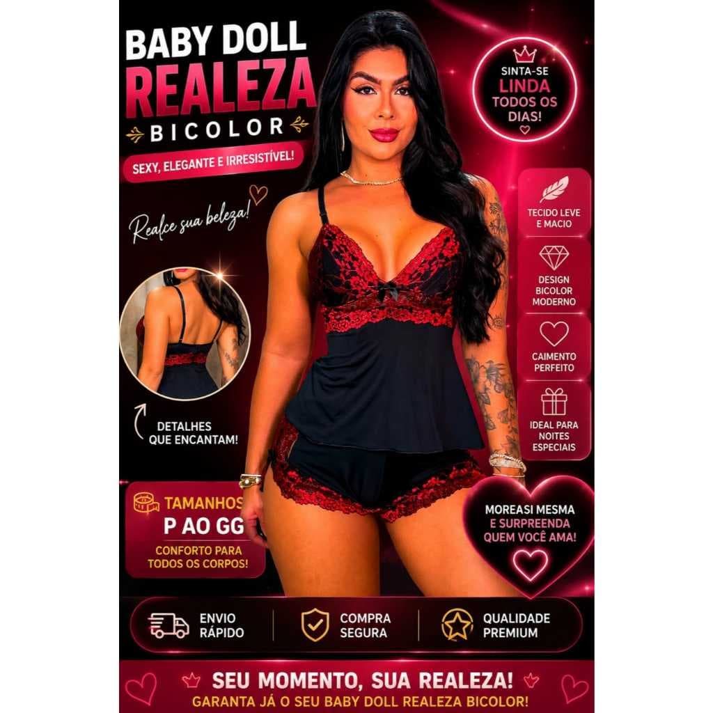 Baby Doll Realeza Bicolor Feminino Liganete Renda Confortável Pijama Curto Elegante P M G GG Envio Rápido