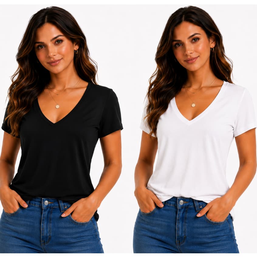 Kit 2 Blusas Femininas Manga Curta Gola V Confortável Elegante Casual Verão