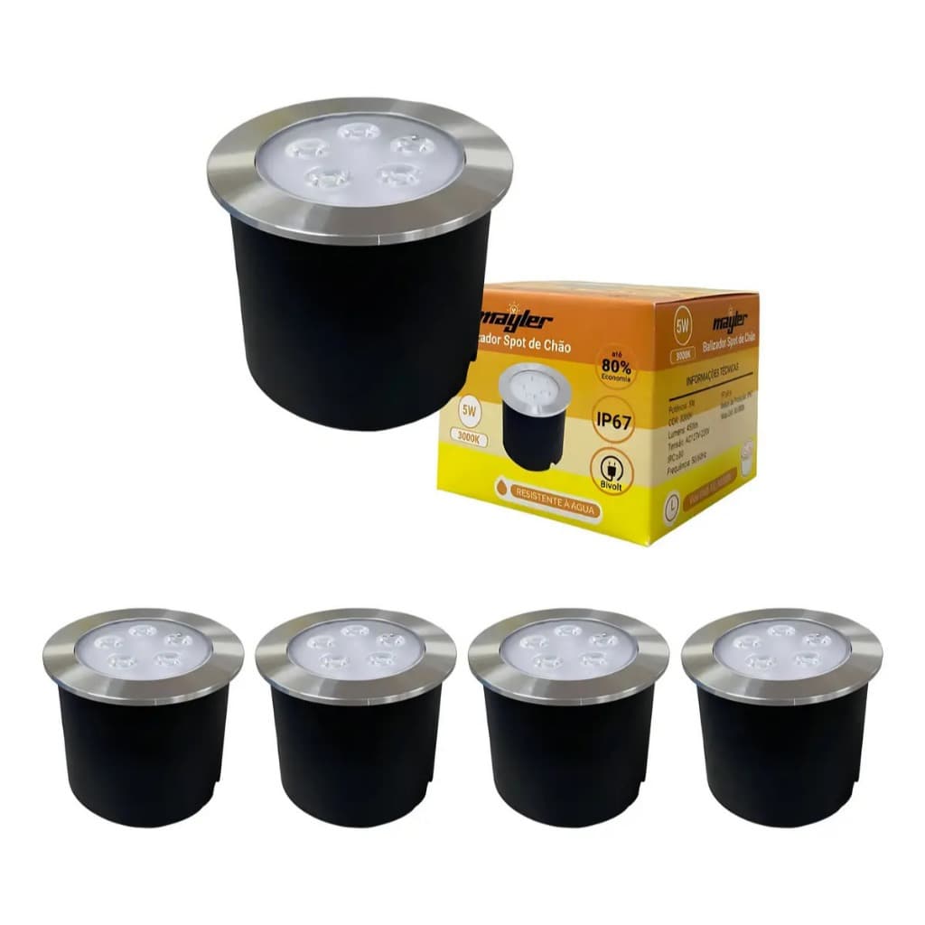 Kit 5 Balizador Spot Led Embutir Chão Piso Jardim 5w Quente Bivolt Prova Dágua Ip67
