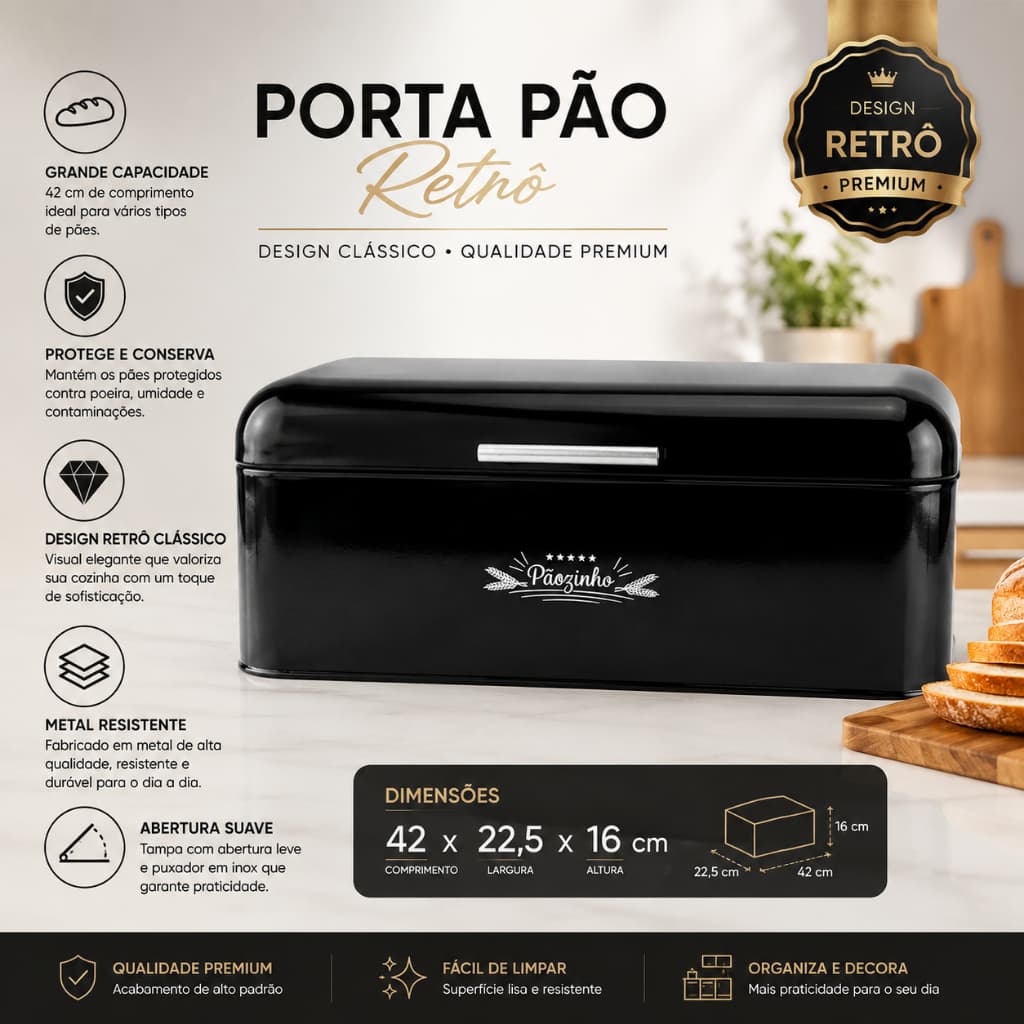 Porta Pão Retrô Metal Preto 42x22,5x16cm Caixa para Pães Retrô Design Clássico