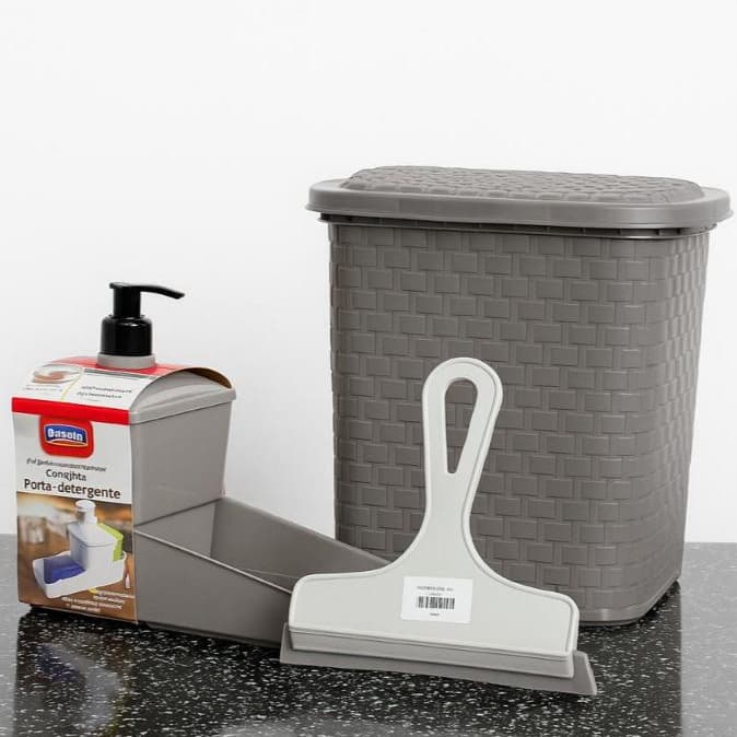 Kit Lixeira 4L para Pia com Porta Detergente Bucha e Rodinho Para Cozinha Area de Lazer Cor Cinza