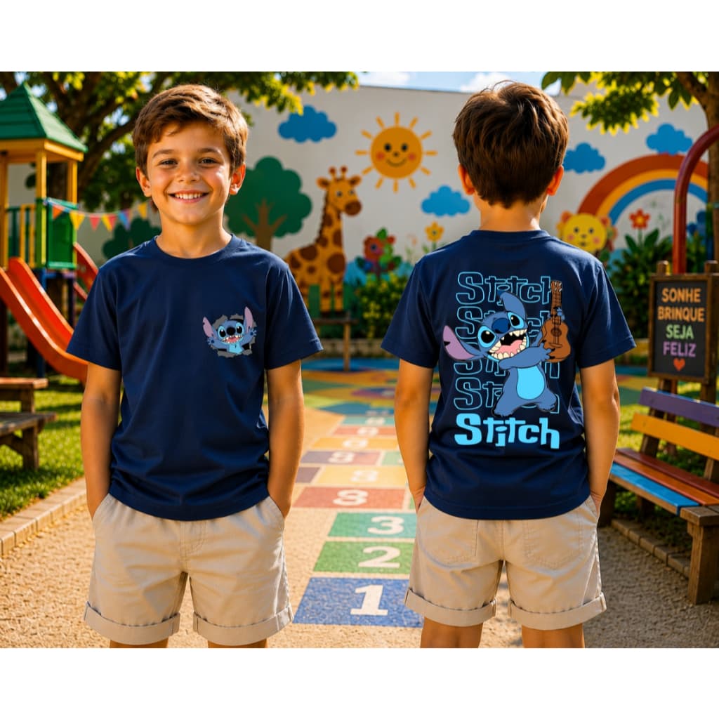 Camiseta Infantil Malha 30.1 100% Algodão Camisa Juvenil Estilosa Divertida Desenho Stitch Animado