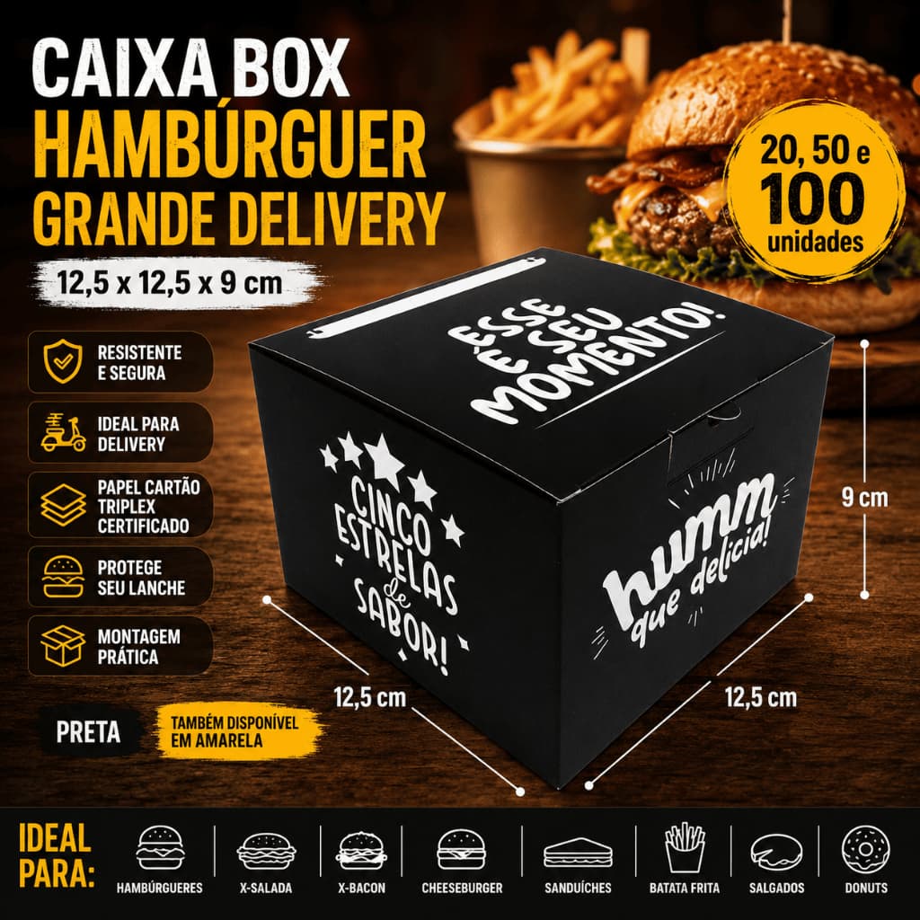 Caixa Embalagem Para Hambúrguer Grande Delivery 50un
