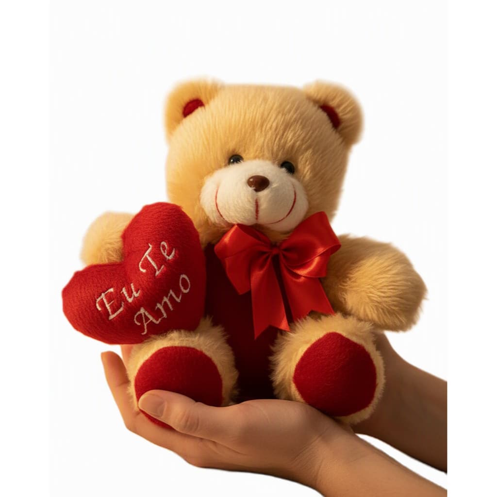 Urso de Pelúcia 20 cm com coração bordado e laço de cetim - Com carinho - Eu te amo
