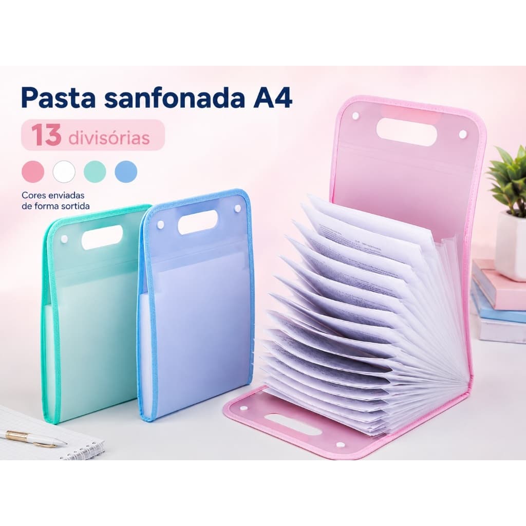 Pasta Sanfonada A4 com 13 Divisórias e Alça para Documentos