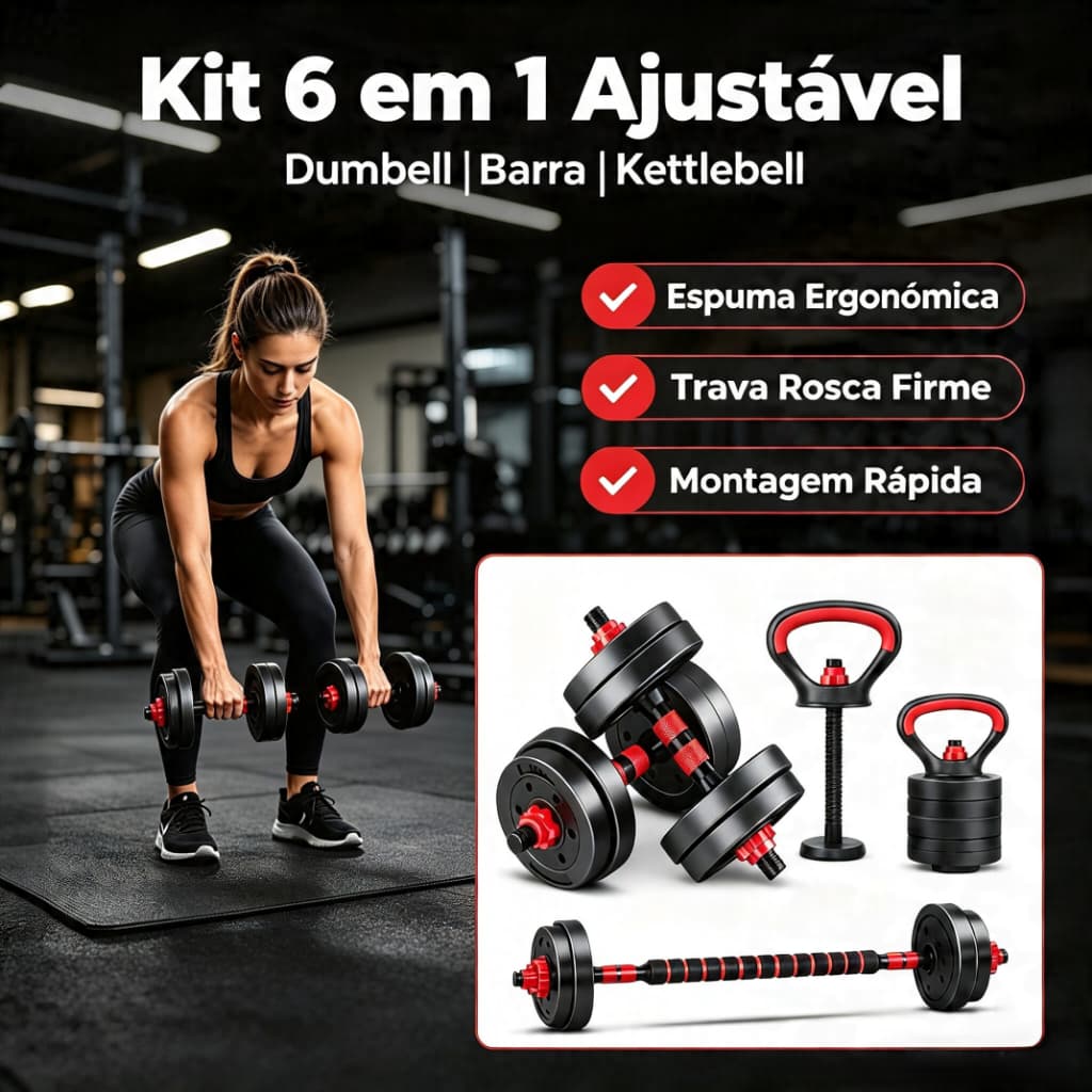 Kit de Treino 6 em 1 – Halteres, Barras e Anilhas para Exercícios em Casa