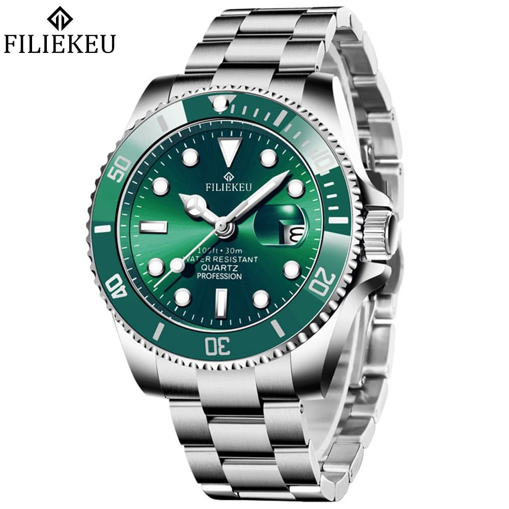 FLK Relógio Masculino à Prova d'Água Estilo Green Submariner – Mostrador Clássico de Dois Ponteiros
