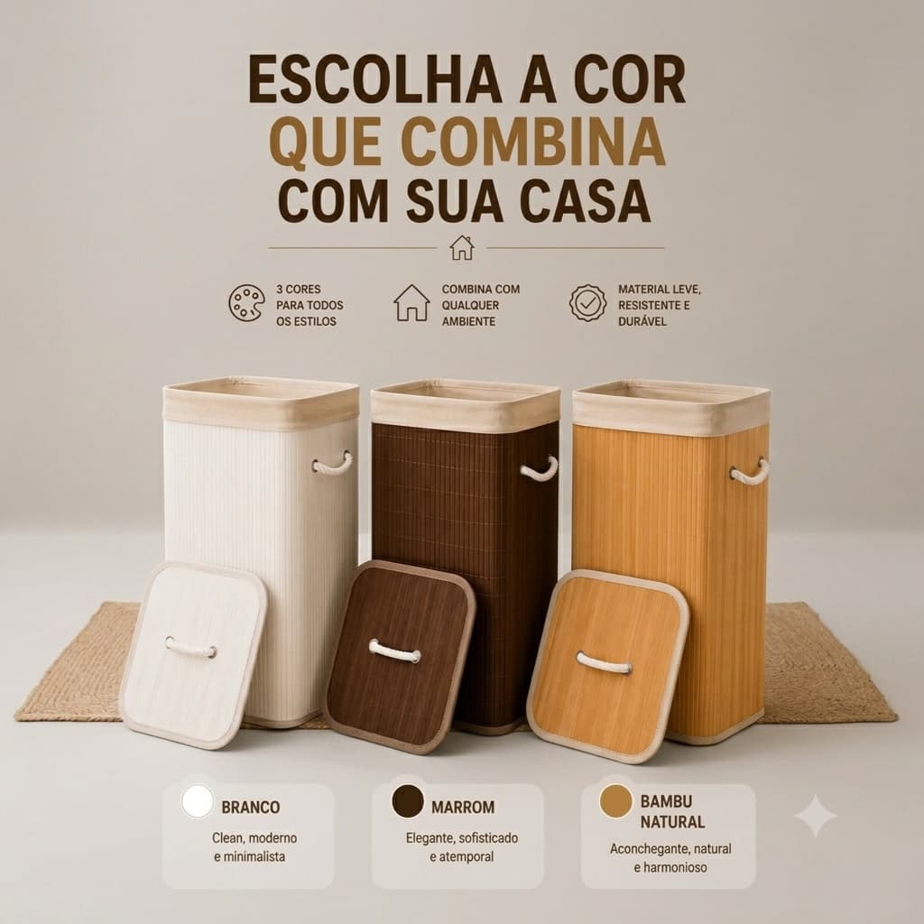 Cesto de Bambu com Tampa e Alças Capacidade 70 Litros  Organização Roupas BrinquedosElegante Resistente