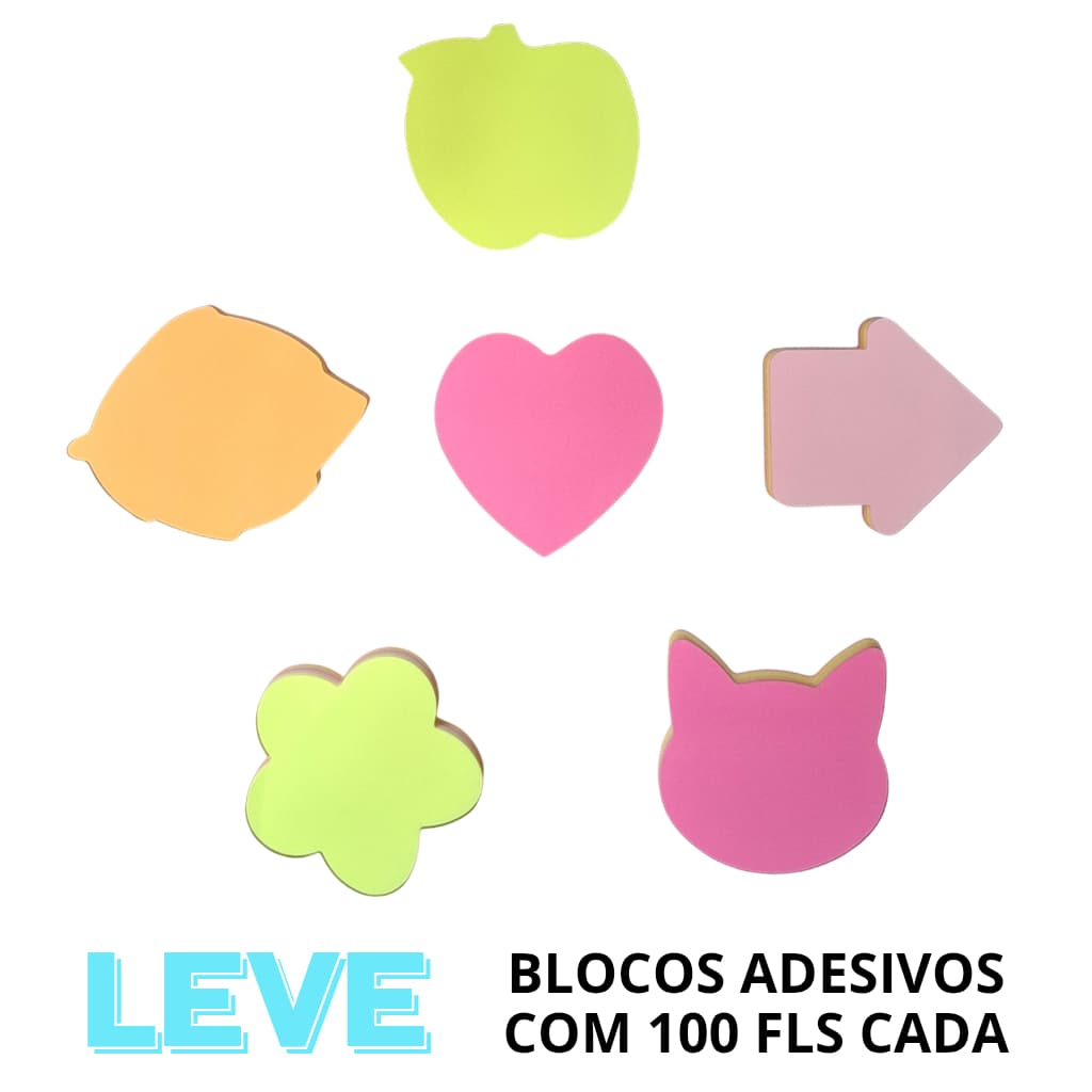 Blocos Adesivos com Formato Coração Seta Gato Flor Folha Maçã 100 Folhas Cada com 5 Cores