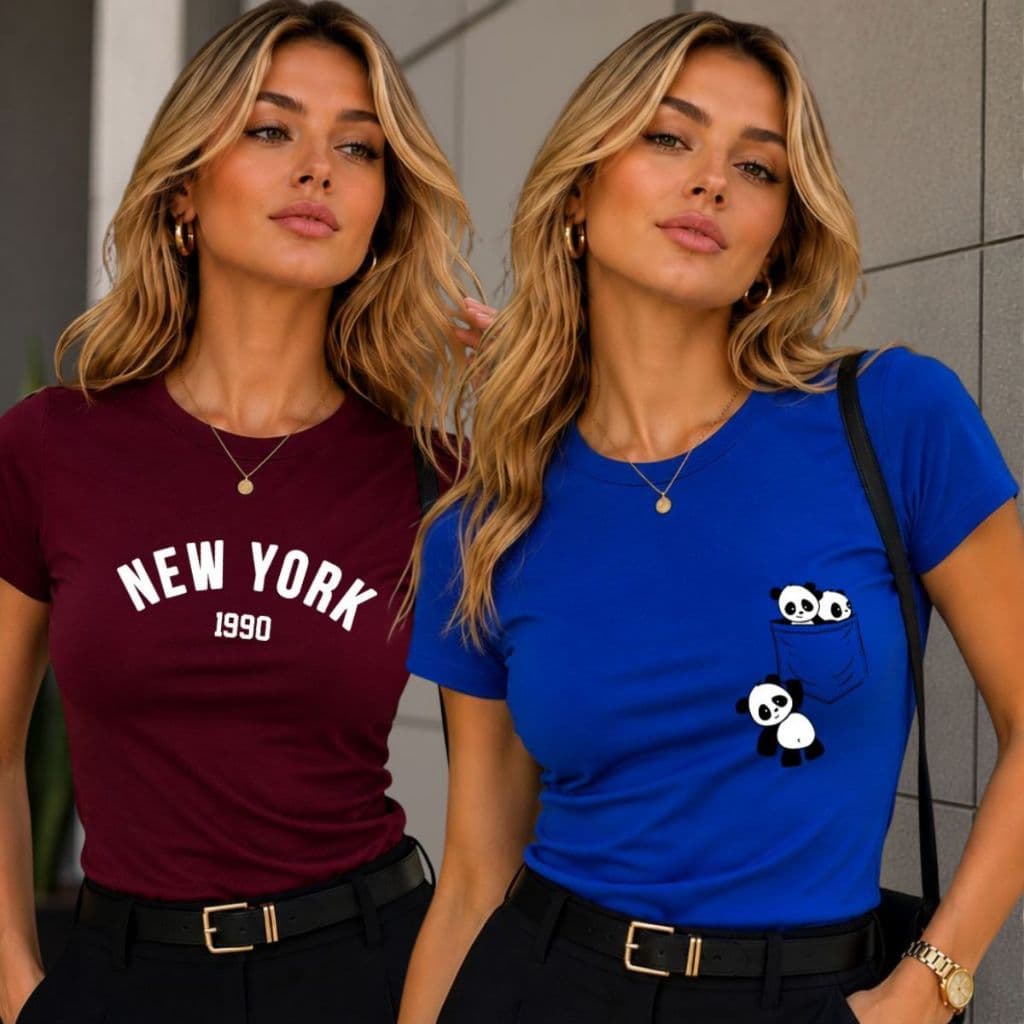 KIt 2 blusas femininas estampa New York e Panda