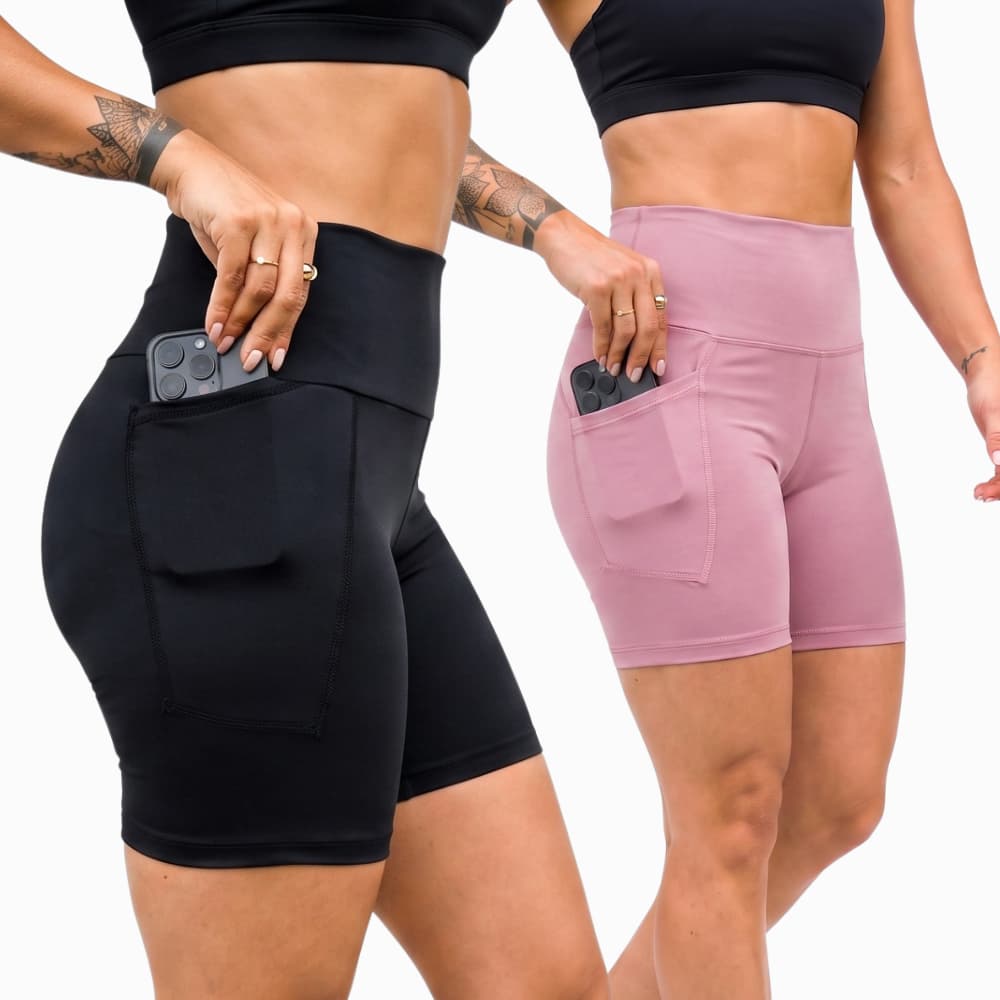 KIT 2 BERMUDA CICLISTA FEMININA COM BOLSO PARA CELULAR E CÓS ALTO zero transparência academia fitness
