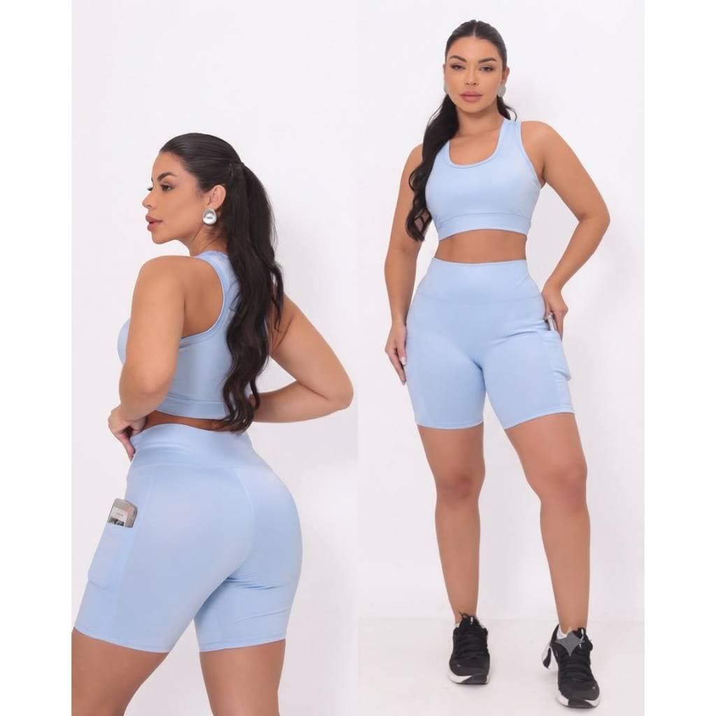 Conjunto Fitness Feminino Shorts Com Bolso Celular Cintura Alta Top Nadador Treino Academia Sem Transparência