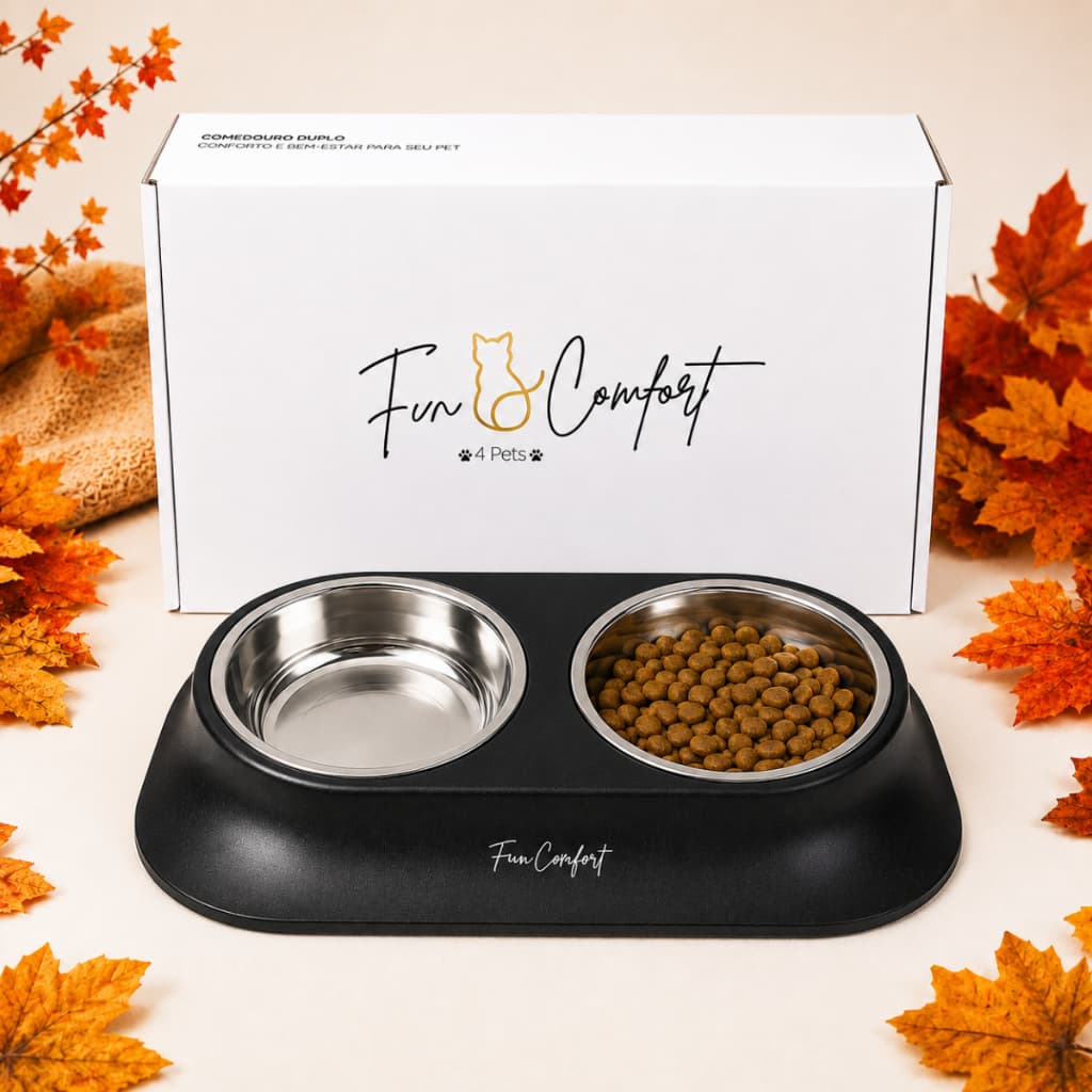 Comedouro Bebedouro Duplo Elevado Inox Antiderrapante Pet Gato Cachorro Preto Tigelas Removíveis