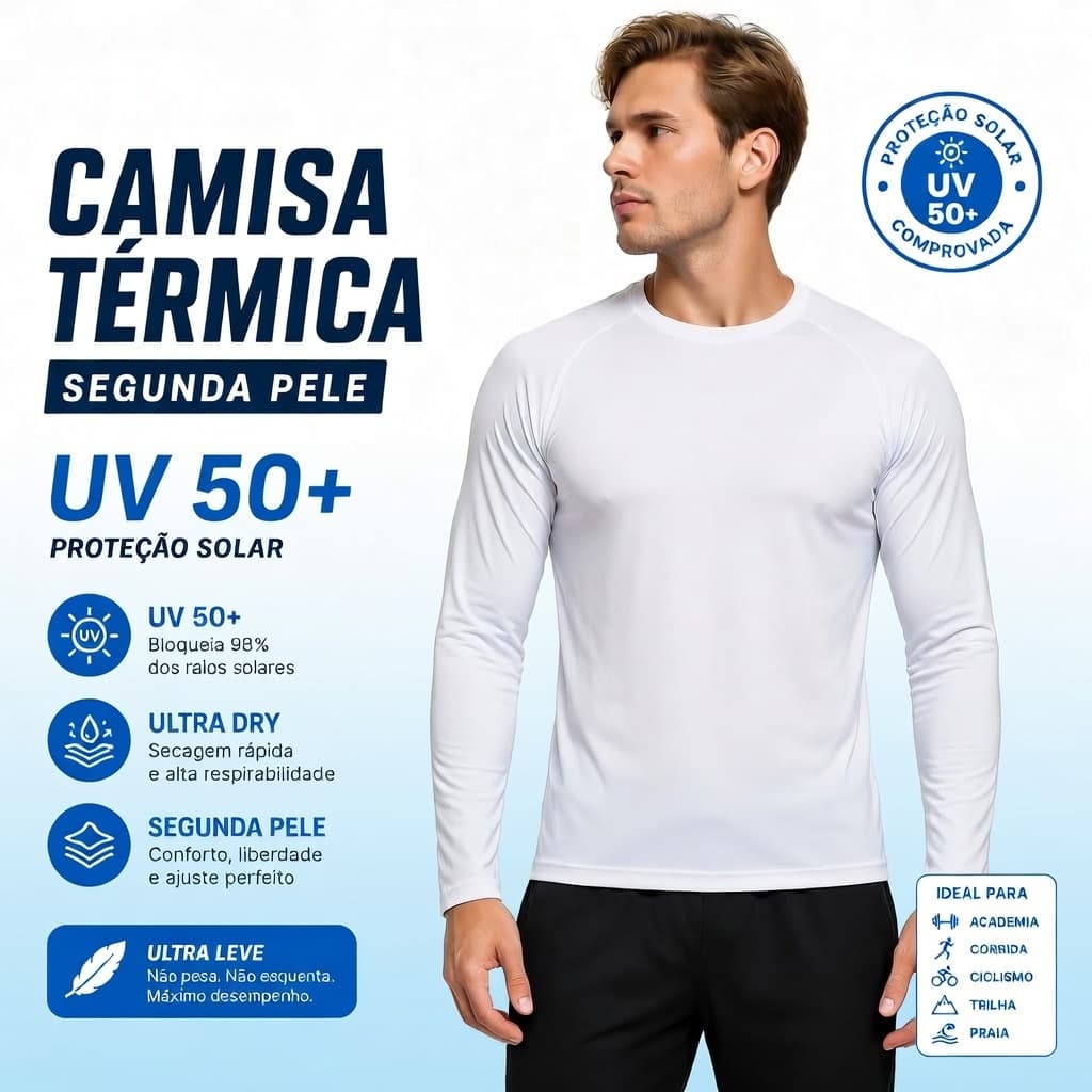 Camisa Térmica Segunda Pele Manga Longa UV Proteção Solar Ultra Dry Masculina