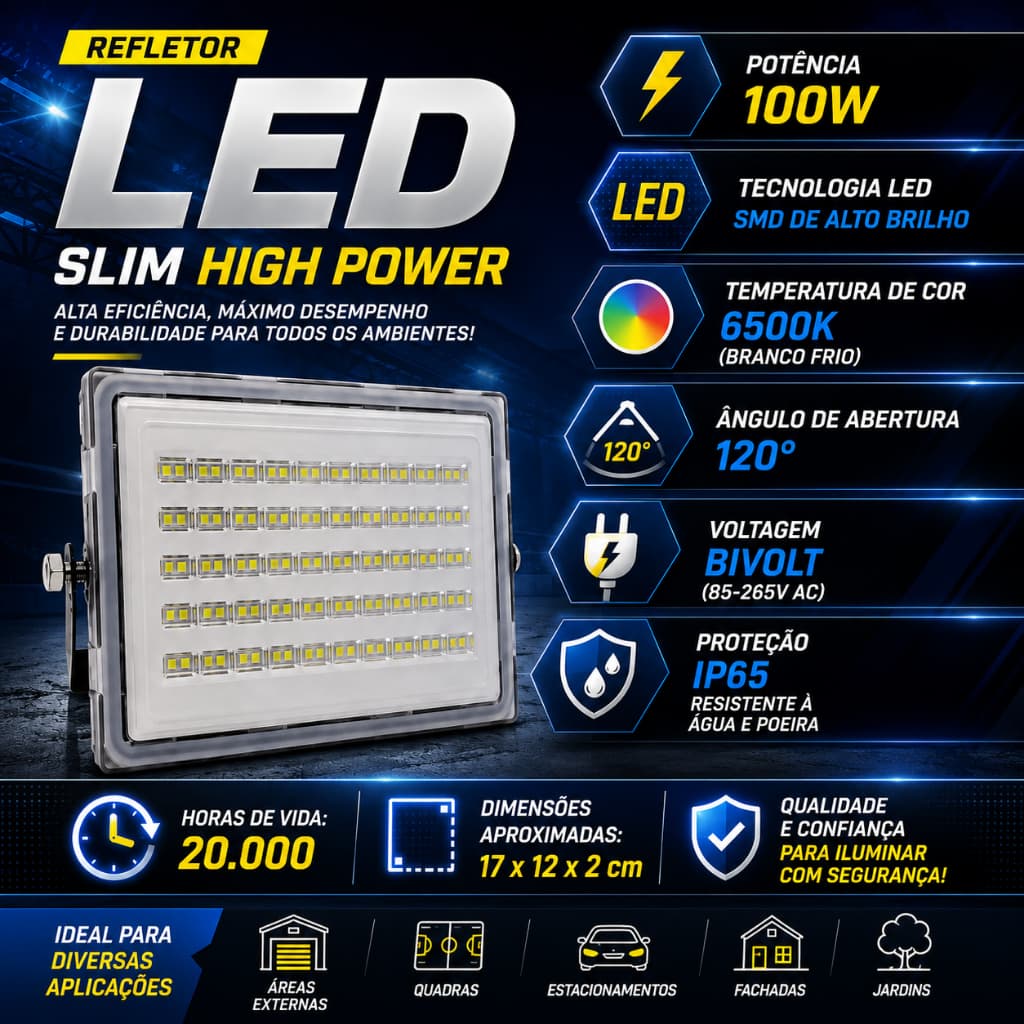 Refletor LED 100W IP65 para Área Externa