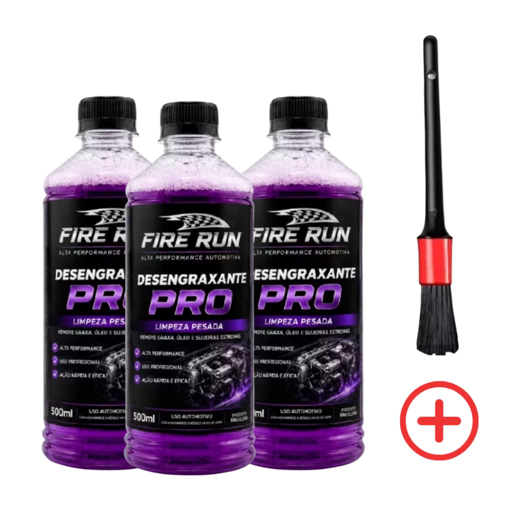 Kit 3x Desengraxante Automotivo PRO Fire Run 500ml + Pincel Detalhador - Limpeza Pesada de Motor