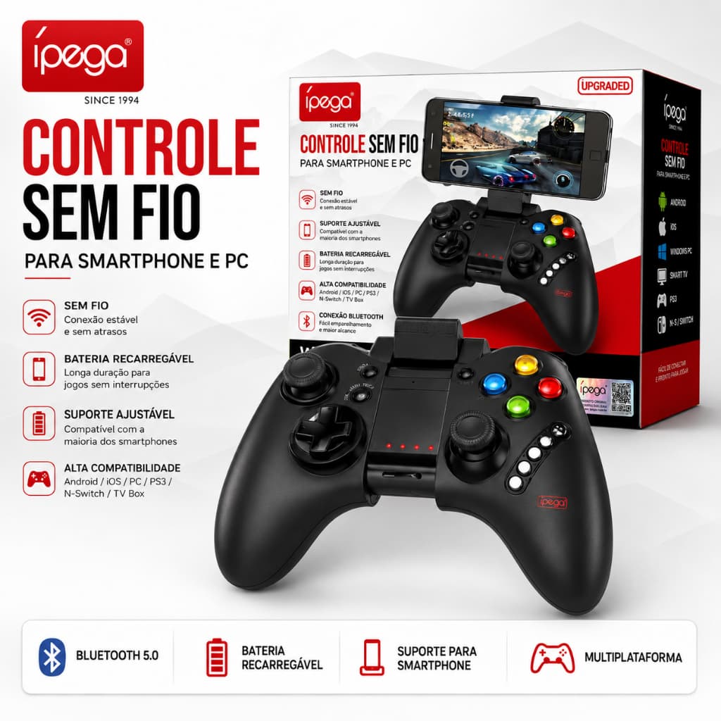 Controle Joystick Bluetooth Ipega Pg-9021 Preto Para Jogos
