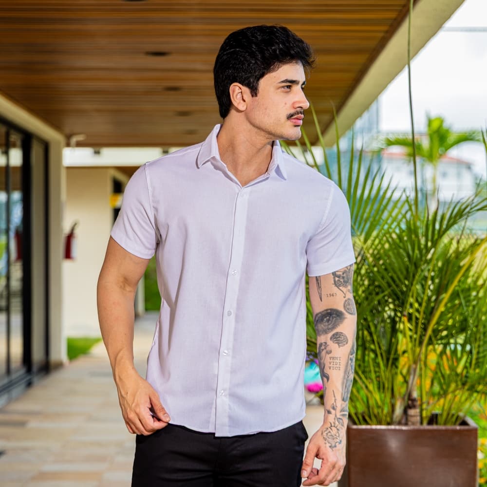 Camisa Social Masculina Slim Fit Linho Manga Curta Premium Direto de F谩brica