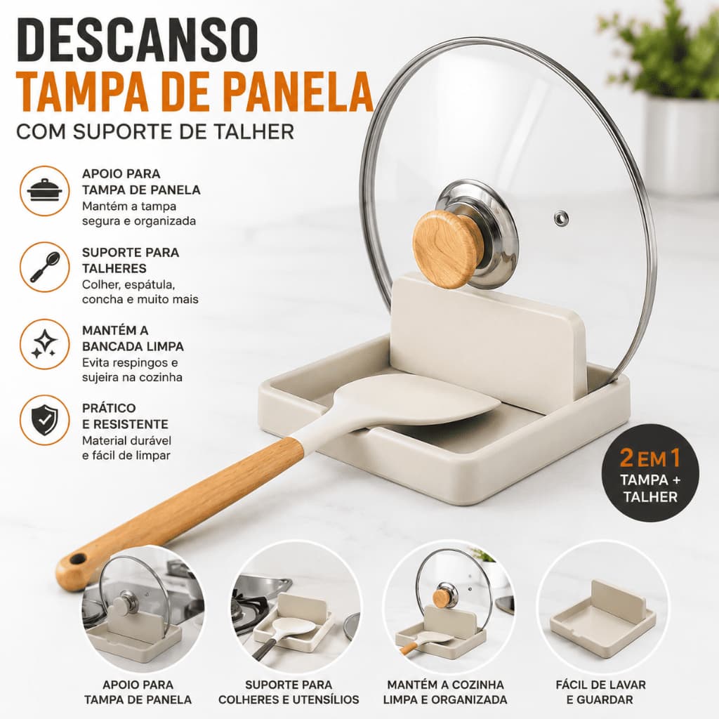 Descanso Tampa de Panela com Suporte para Colher Espátula Talheres Porta Tampa Organizador de Cozinha