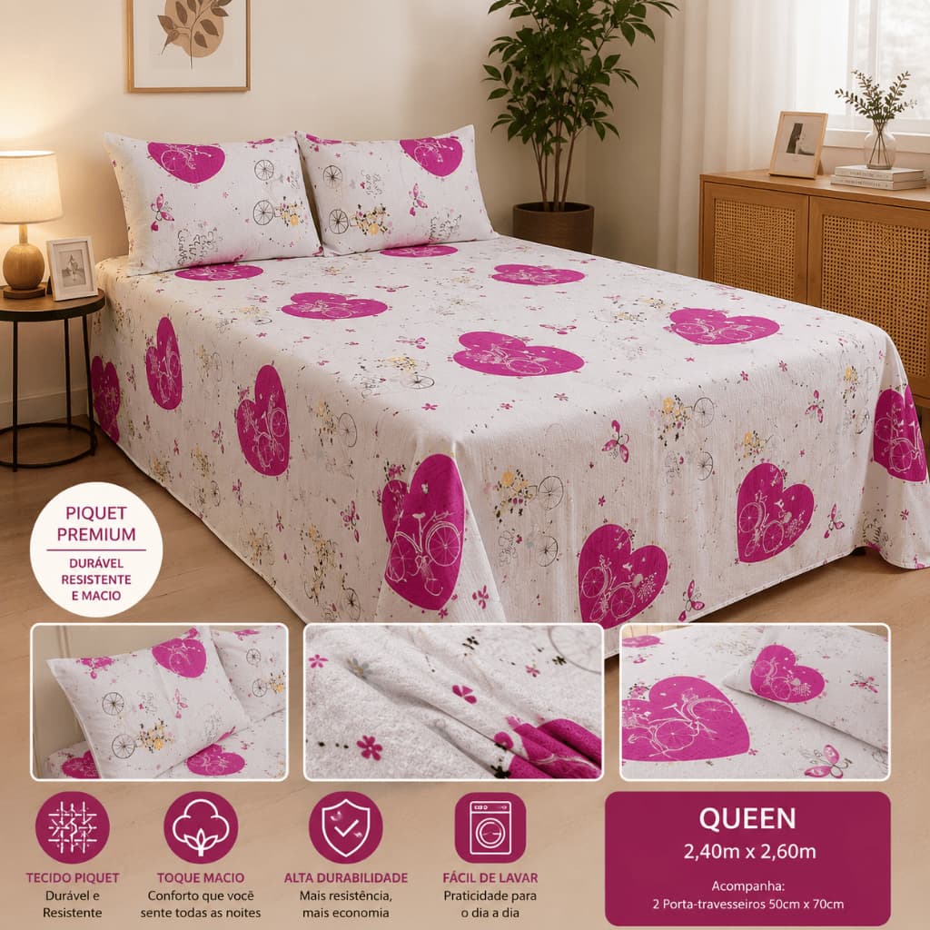 kit Colcha Cobre Leito Piquet Queen com fronha 3 Peças