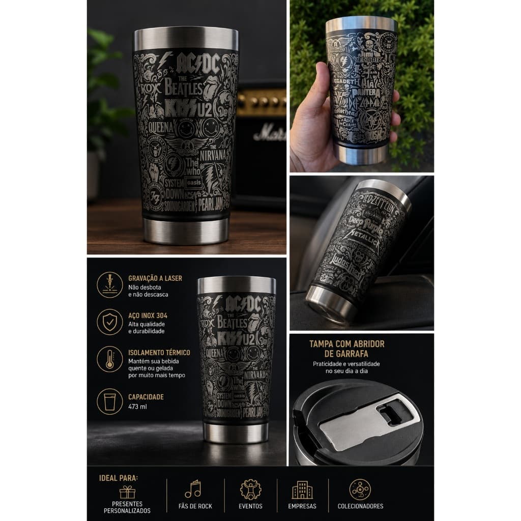 Copo Térmico Rock 473ml em Inox com Gravação a Laser 360° e Tampa com Abridor