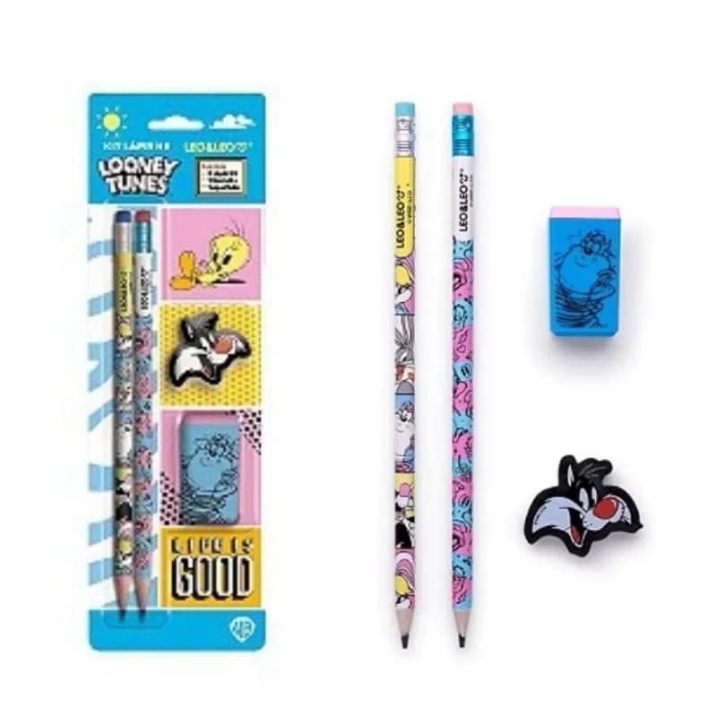 Kit Escolar Looney Tunes 4 peças: 2 Lápis + Borracha + Apontador