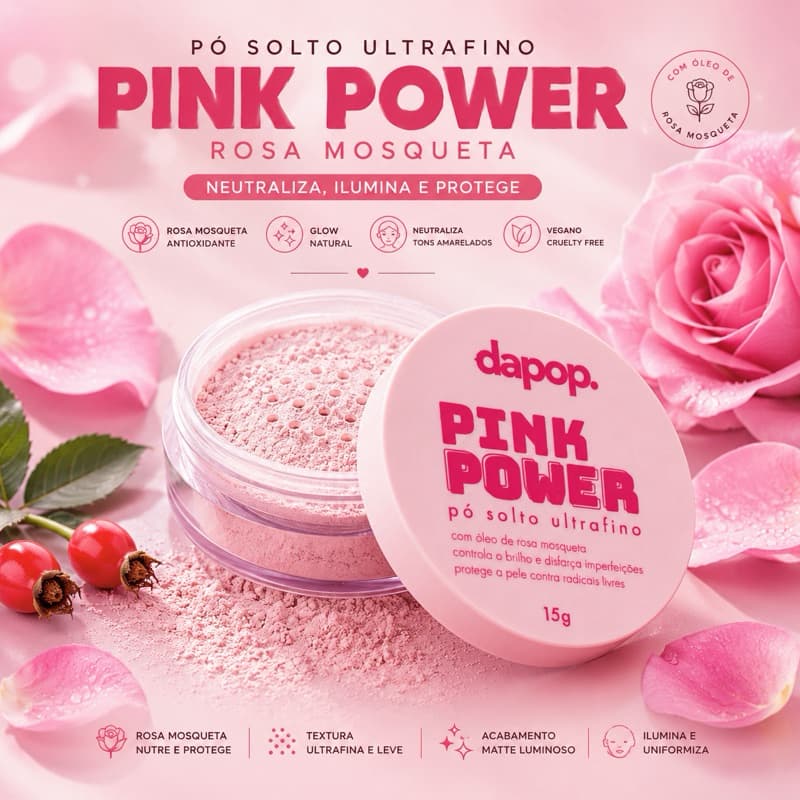 Pó Solto Ultrafino Pink Power Rosa Mosqueta Dapop Original Matte Glow