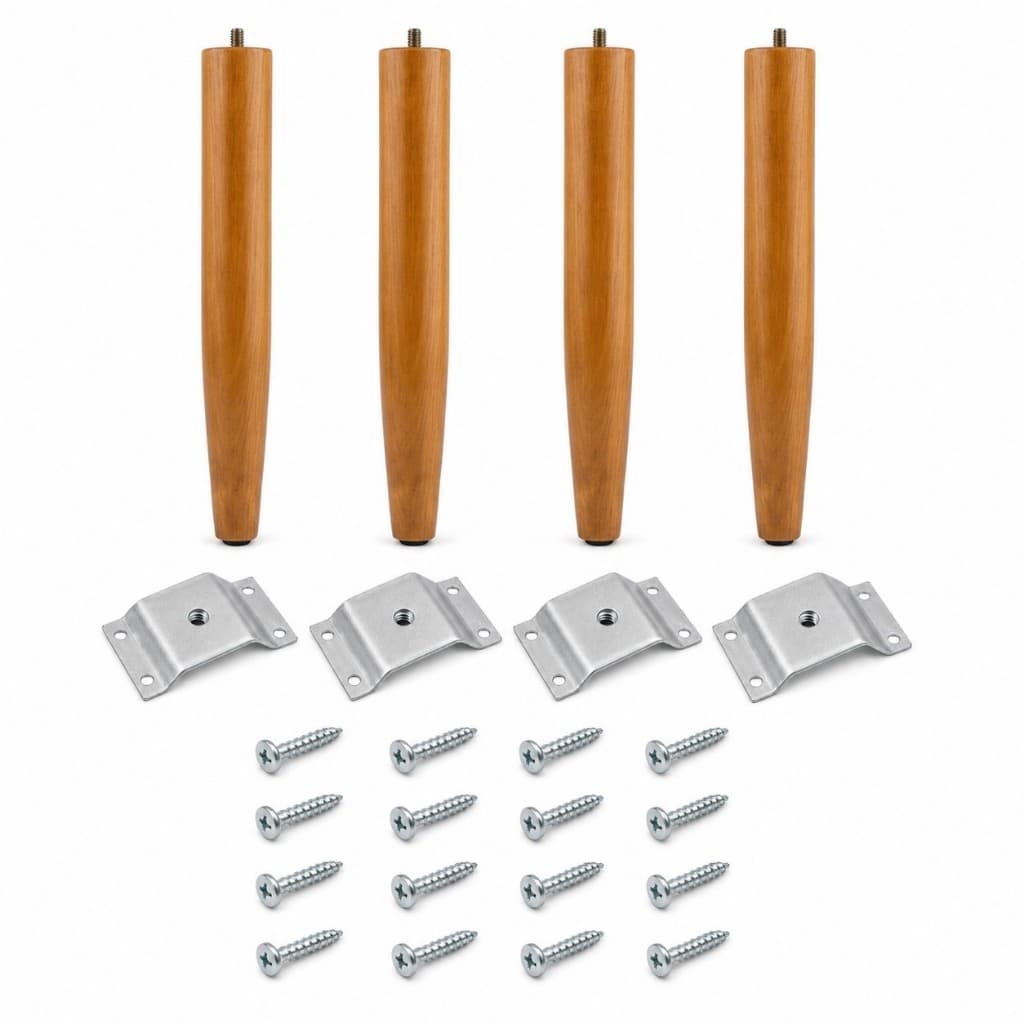 Kit 4 Pés Palito 30cm Madeira com Chapinhas M10 e Parafusos para Puff Sofá Poltrona Banco Móveis