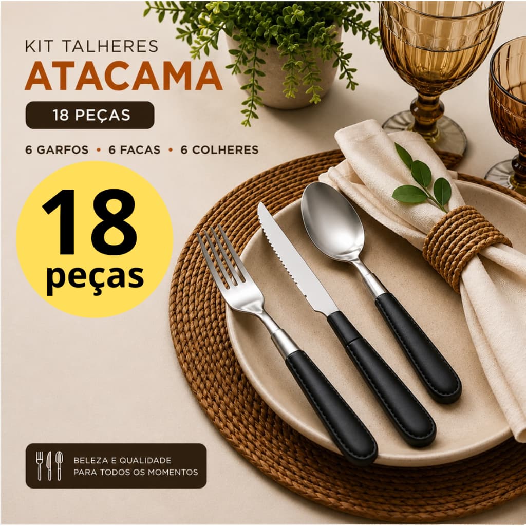Jogo de Talheres 18 Peças Atacama Cabo plastico estilo couro Aço Inox Garfos Facas Colheres faqueiro