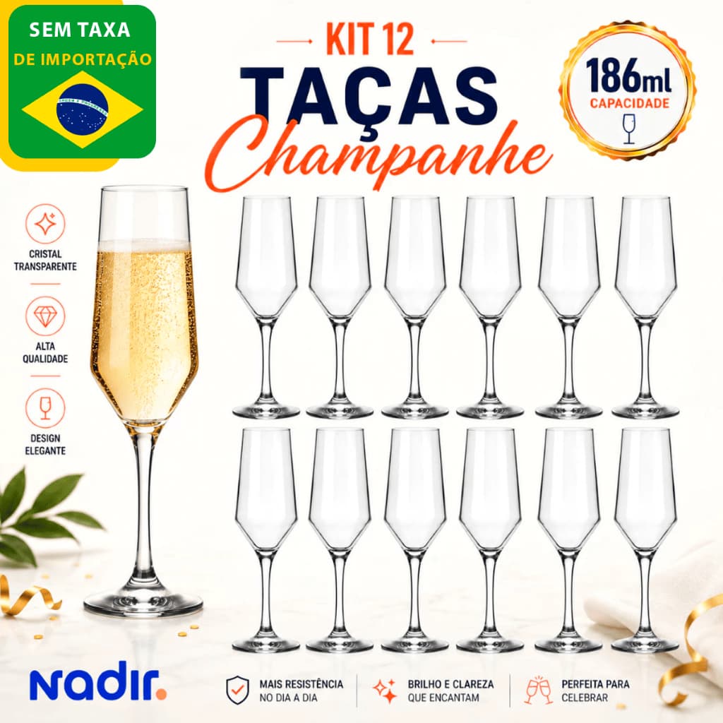Kit jogo 12 Taças de Champanhe Espumante 186ml Vidro Taça Buffet Nadir Figueiredo