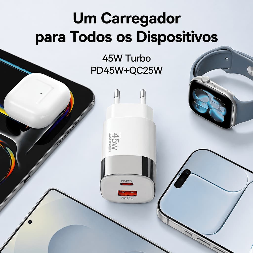 Carregador Turbo 45W Quick Charge 3.0 GaN - Tipo C e USB Carregador Rápido para iPhone Android