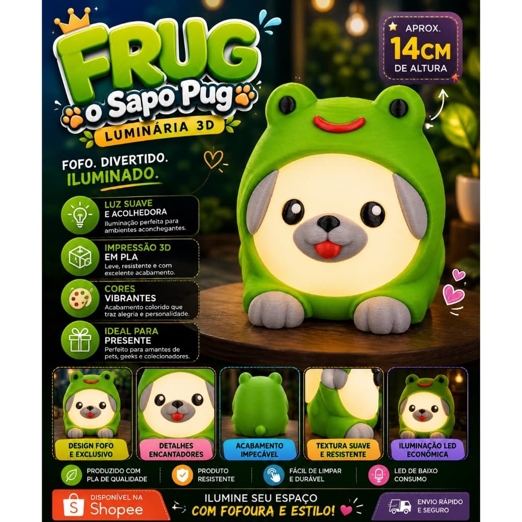 Luminária Frug o Sapo Pug LED 14cm Impressão 3D PLA Decoração Fofa