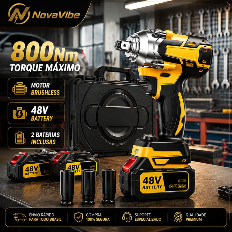 NovaVibe Chave de Impacto 48V Eletrica 800NM Parafusadeira Furadeira Brushless 48V 2 Baterias kit ferramentas completo