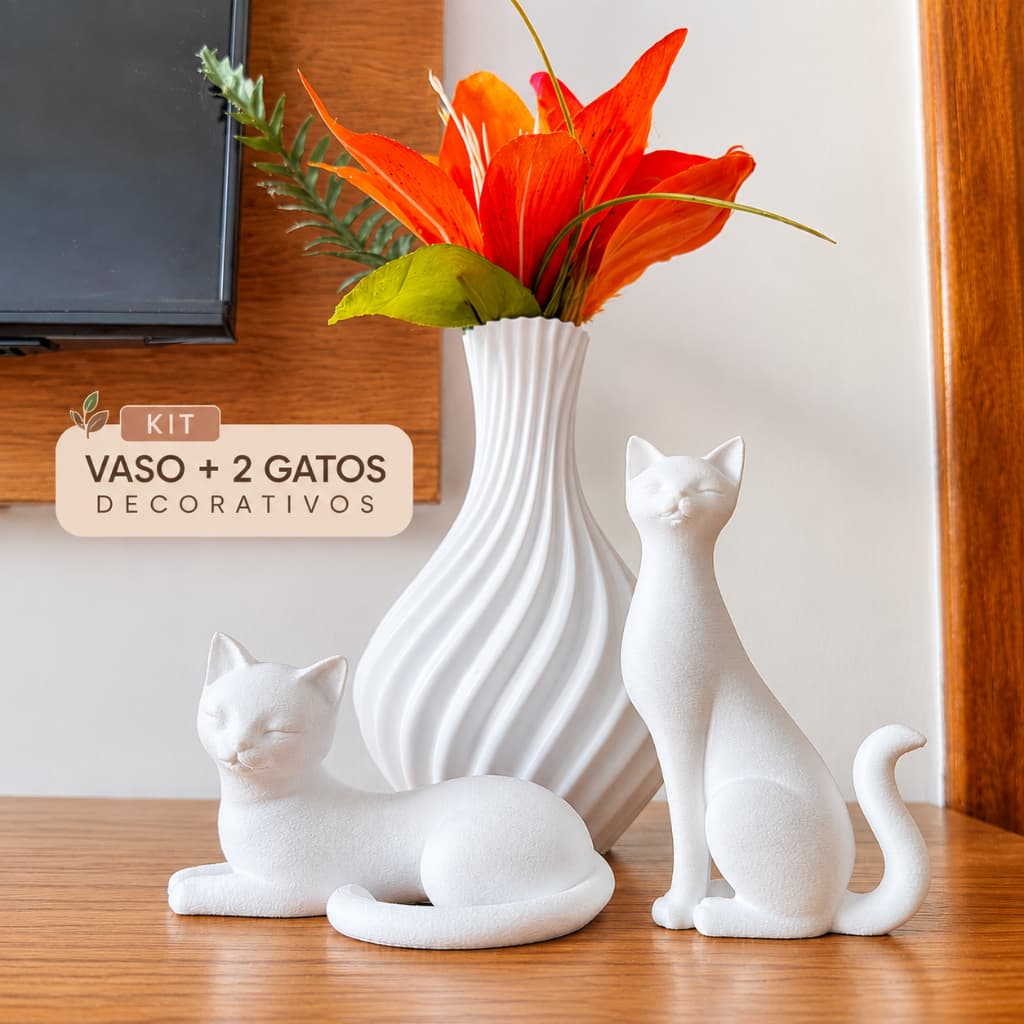 Vaso Decorativo com Gatos Kit Decoração Sala Quarto Mesa Aparador Moderna Minimalista Premium