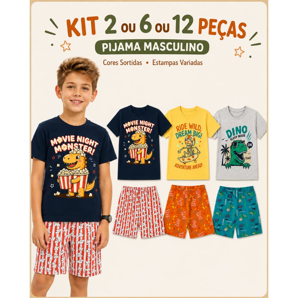 Kit 2 ou 6 ou 12 Peças (1 ou 3 ou 6 conjunto)  Pijama Roupa Infantil Menino Masculino Verão Tam 1 ao 14 Brilha No Escuro