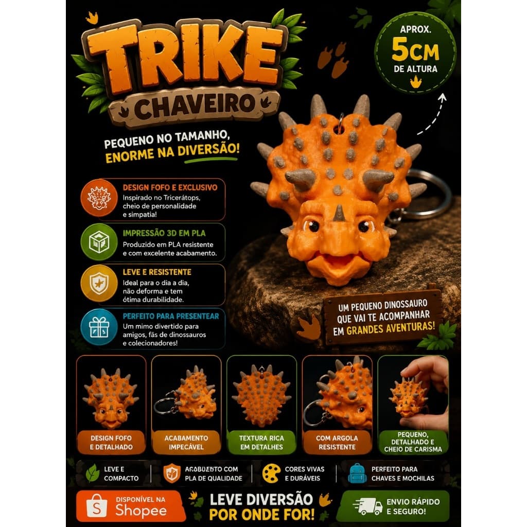 🦖 Chaveiro Trike | Impressão 3D em PLA | Dinossauro Fofo, Divertido e Cheio de Personalidade
