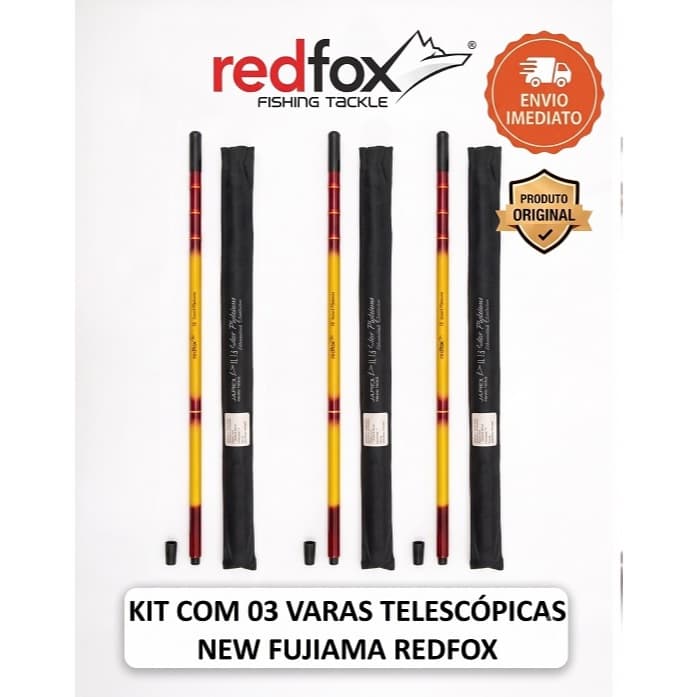 KIT COM 03 VARA TELESCOPICAS REDFOX NEW FUJIAMA 65% CARBONO