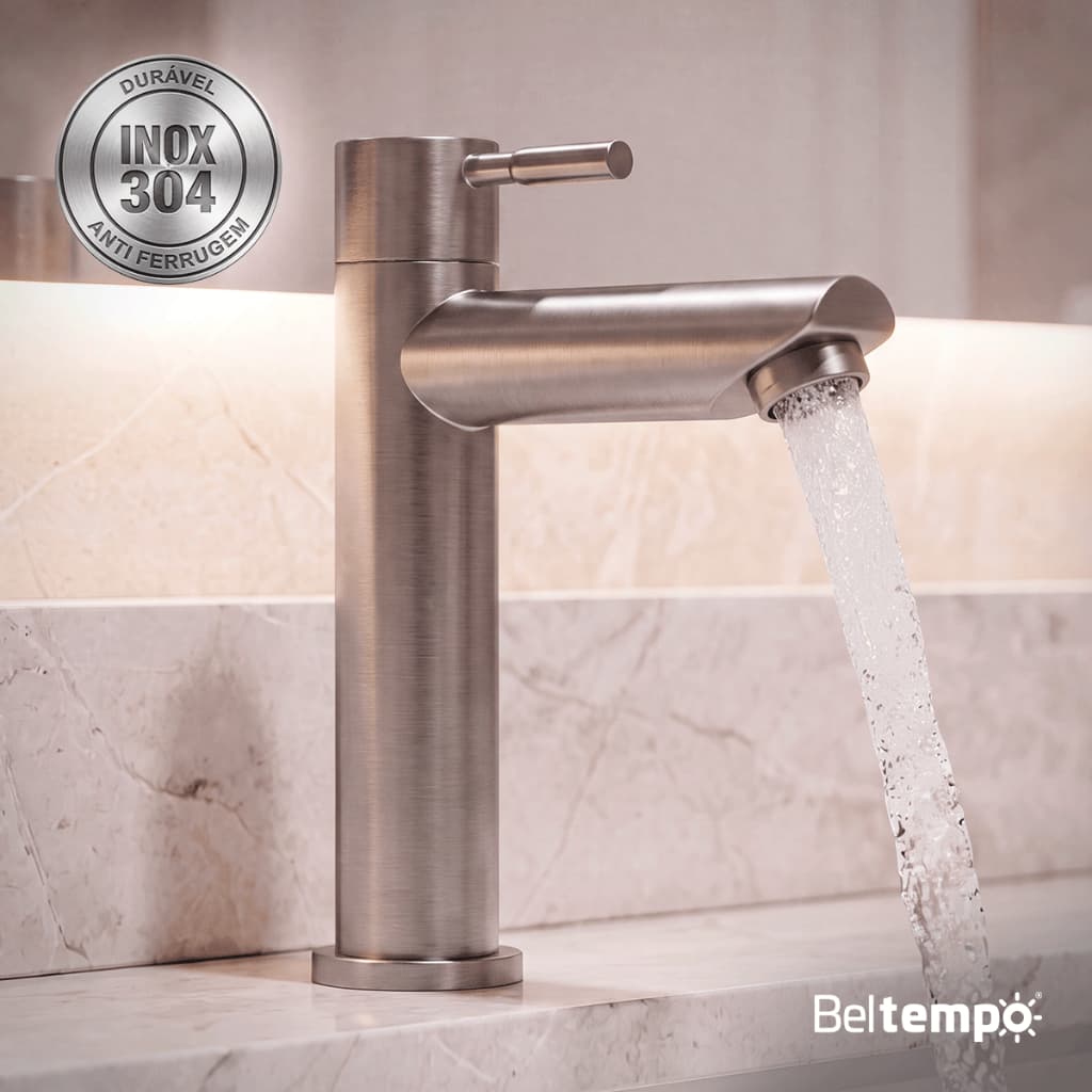 Torneira Para Banheiro De Mesa Bica Baixa 1/4 De Volta Aço Inox 304 Elegance Beltempo